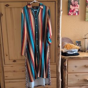 Express Multicolor Striped Long Sleeve Button-Front Maxi Dress